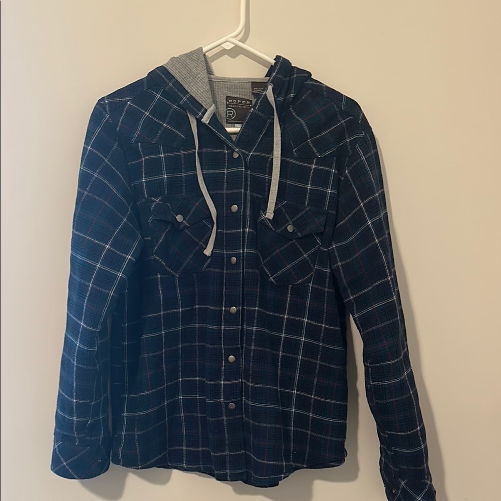 Roper Navy Plaid Shirt Jacket with Hood